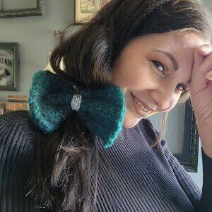 Knit Hair Bow, Handknitted Teal Ombre Ponytail Holder or Hair Band